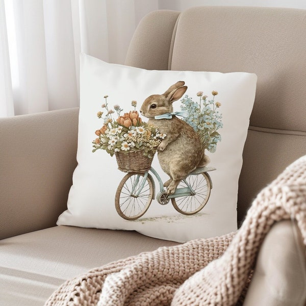 Bunny Rabbit on a Bike Cushion Spun Polyester Square Pillow Softness Cottagecore Nursery Decor Countryside Wildlife Art Bicycle With Flowers