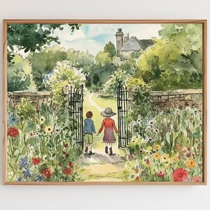 May include: A watercolor painting of two children walking through a garden gate. The children are holding hands and wearing red and blue clothing. The garden is filled with colorful flowers and greenery. A stone building is visible in the background.