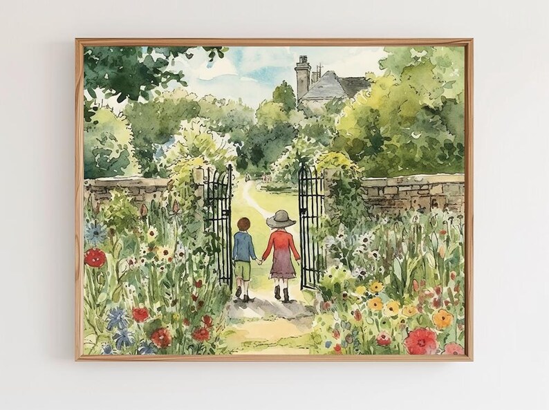 May include: A watercolor painting of two children walking through a garden gate. The children are holding hands and wearing red and blue clothing. The garden is filled with colorful flowers and greenery. A stone building is visible in the background.