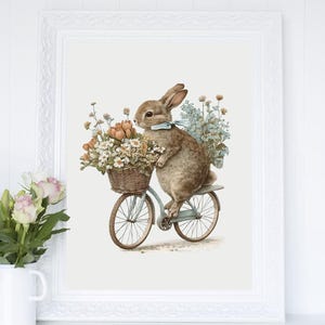 Stampa artistica morbida stampabile di Bunny Rabbit on a Bike, decorazione per cameretta dei bambini Cottagecore, arte murale di campagna, illustrazione di ciclismo ad acquerello