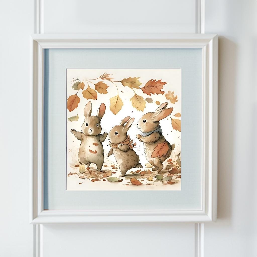 Autumnal Bunny Rabbits Fall Leaves Wall Art, Softness Nursery Art ...