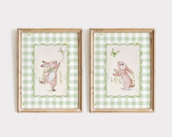 Sage Green Nursery Decor, Vintage Sage Green Prints, Woodland Nursery Wall Art, Bunny Rabbit Art, Cottagecore Decor