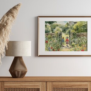 May include: A watercolor painting of two children walking through a garden gate. The children are wearing red and blue clothing and are walking hand-in-hand. The garden is filled with flowers and greenery.