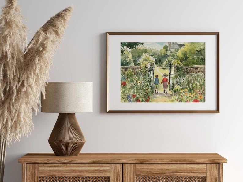 May include: A watercolor painting of two children walking through a garden gate. The children are wearing red and blue clothing and are walking hand-in-hand. The garden is filled with flowers and greenery.