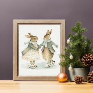 Bunny Rabbits Iceskating Wall Art, Softness Winter Nursery Art Prints, Watercolor British Wildlife Printables, Instant Digital Download