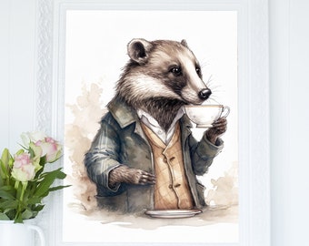 Badger drinking a cup of tea Wall Art Print, Softness Watercolor Illustration Printable, Cottagecore Wall Decor Download