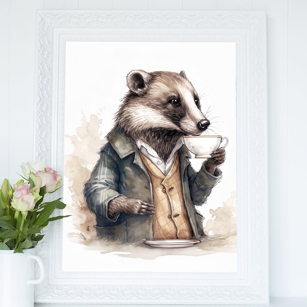 Badger drinking a cup of tea Wall Art Print, Softness Watercolor Illustration Printable, Cottagecore Wall Decor Download