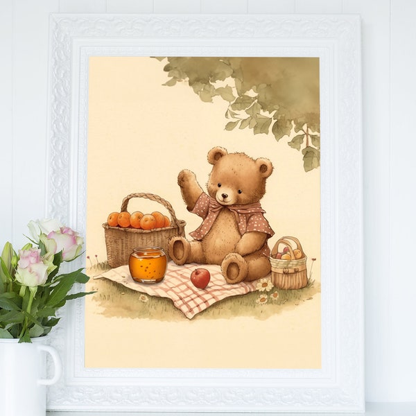 Cute Teddy Bear having a Picnic Wall Art, Watercolor Illustration Printable, Cottagecore Digital Print, British Children Stories Download