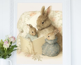 Art mural lapin Décoration Cottagecore Impression lapin de Pâques Lapin de Pâques mignon Art mural neutre pour chambre de bébé Pâques Art déco vintage imprimable de lapin