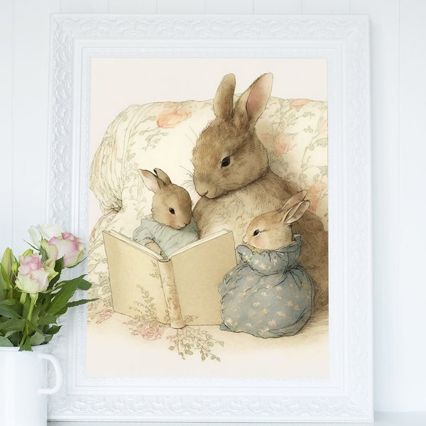 Mutter Hase, die ihren Babys vorliest Wandkunst, Weichheit Aquarell Art Print, Cottagecore Dekor druckbar, Landschaft Wildtiere Illustration