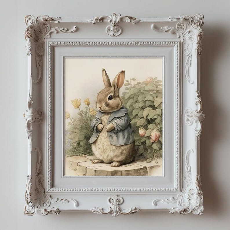 Peut inclure: Une illustration encadr&eacute;e d'un lapin brun portant une veste bleue debout dans un jardin avec des feuilles vertes et des fleurs roses.