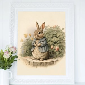 Peut inclure: Une illustration vintage d'un lapin brun portant une veste bleue debout sur une pierre dans un jardin avec des fleurs jaunes et roses.