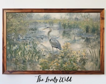 Great Blue Heron Painting, Marshland Landscape, Wetlands Art Print Swamp Bird Illustration Wildlife Habitat Digital Download Nature Wall Art