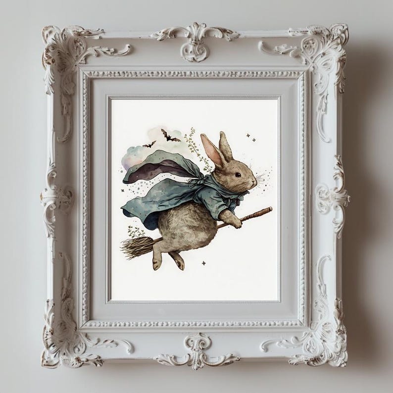 Bunny Rabbit Witch on a Broomstick Wall Art Whimsical Halloween Spooky ...