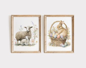 Easter Printable Wall Art Sheep Wall Art Easter Bunny Print Cottagecore Wall Decor Easter Bunny Painting Spring Nursery Painting