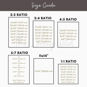 Peut inclure: Un guide des tailles pour les impressions avec diff&eacute;rents rapports d'aspect, notamment 2:3, 3:4, 4:5, 5:7, 11x14 et 1:1. Le guide indique les dimensions en pouces et en centim&egrave;tres pour chaque rapport.