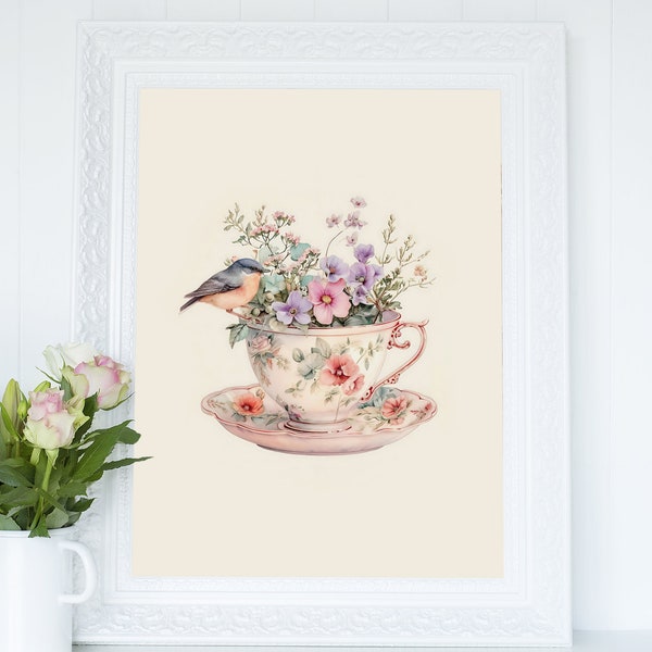 Little Bird On A Floral Teacup Wall Art, Whimsical Bird Illustration Printable, Cottagecore Decor Digital Print, Instant Digital Download