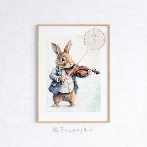 Bunny Rabbit Playing the Violin, Softness Art Print, Cottagecore Nursery Decor, Musical Wildlife Wall Art, Watercolor Illustration Print