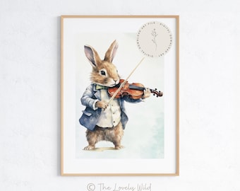 Bunny Rabbit Playing the Violin, Softness Art Print, Cottagecore Nursery Decor, Musical Wildlife Wall Art, Watercolor Illustration Print