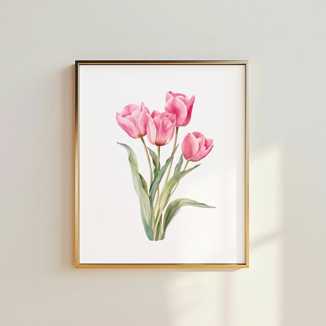Watercolor Pink Tulips Flower Wall Art, Cottagecore Botanical ...
