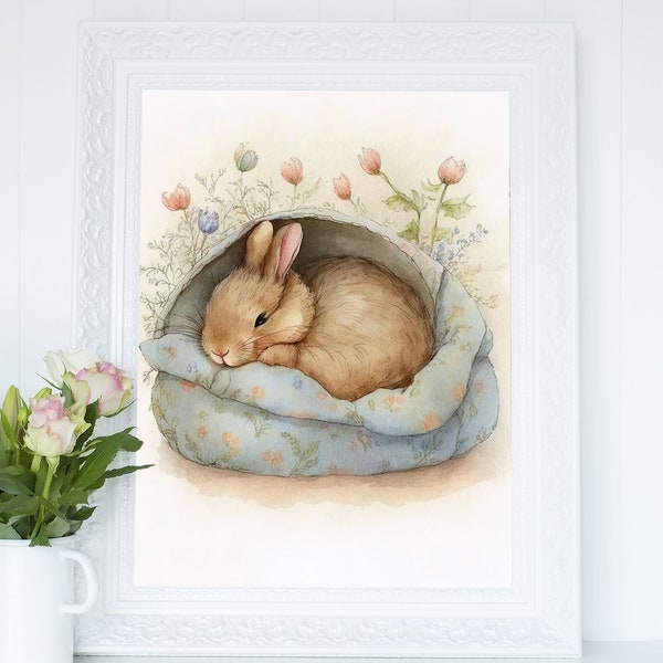 Sleepy Bunny in a Cozy Bed Wall Art, Douceur Aquarelle Art Print, Cottagecore Decor Imprimable, Illustration de la faune de la campagne