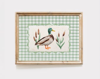 Mallard Duck Print, Duck Painting, Sage Green Decor, British Garden Birds