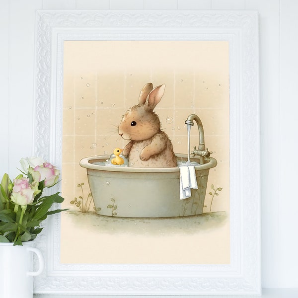 Bunny Rabbit Having A Bubble Bath Wall Art, Softness Nursery Art Print, Wildlife Countryside Printable,  British Wildlife Digital Print