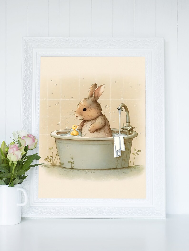 Bunny Rabbit Having A Bubble Bath Wall Art, Softness Nursery Art Print ...