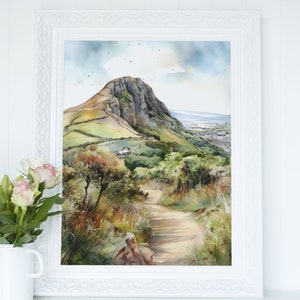Arthur Sitz Berg Wandern Route Illustration Aquarell Edinburgh Kunstdruck Schottische Landschaft digitaler Download Wandkunst, britische Natur