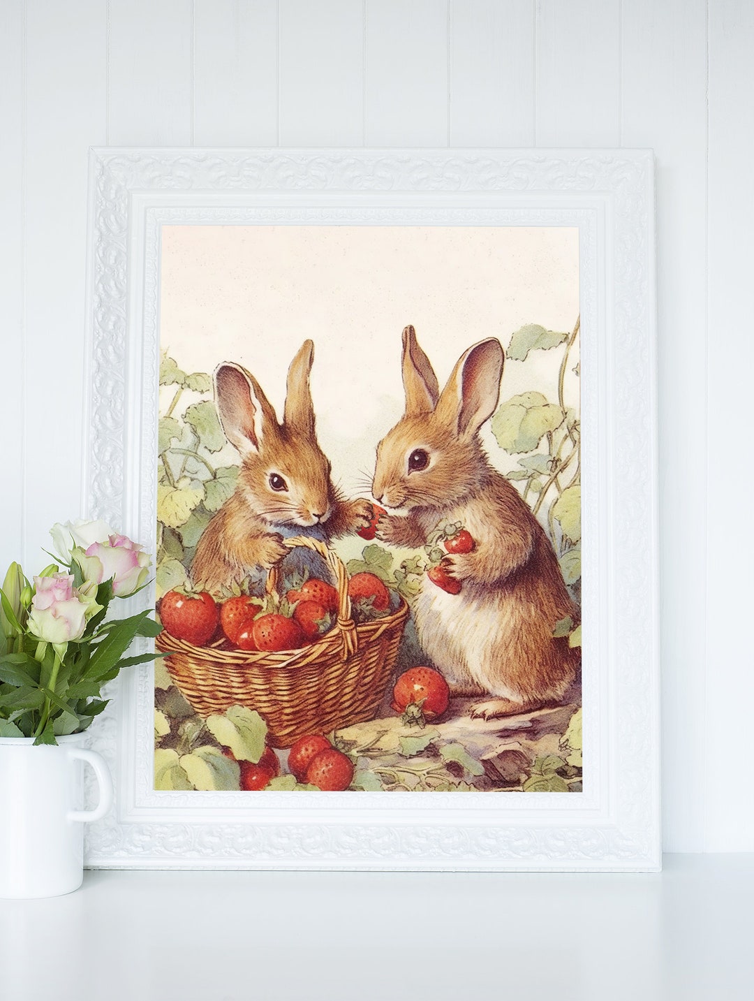 Bunny Rabbits Picking Strawberries Wall Art, Softness Nursery Art