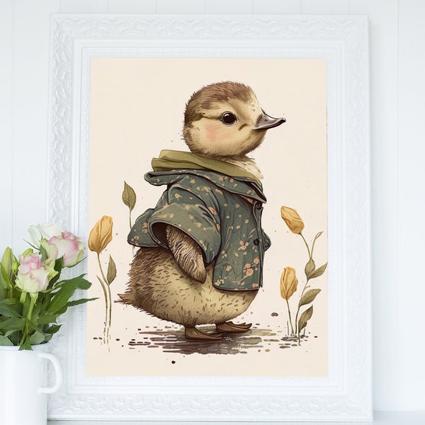 Little Duckling wearing a Jacket Wall Art, Watercolor Illustration Printable, Cottagecore Decor Digital Print, Countryside Wildlife Art