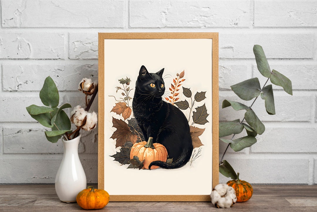 Halloween Black Pumpkin Cat Wall Art Whimsical Digital - Etsy