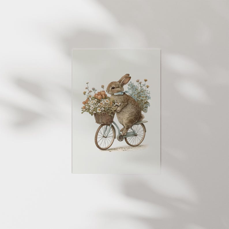 Lp Cover Rabbit Riding A Bike Rack Cycling Bunny Rabbit on A Bike Mailed Art Print, Cottagecore Nursery ...