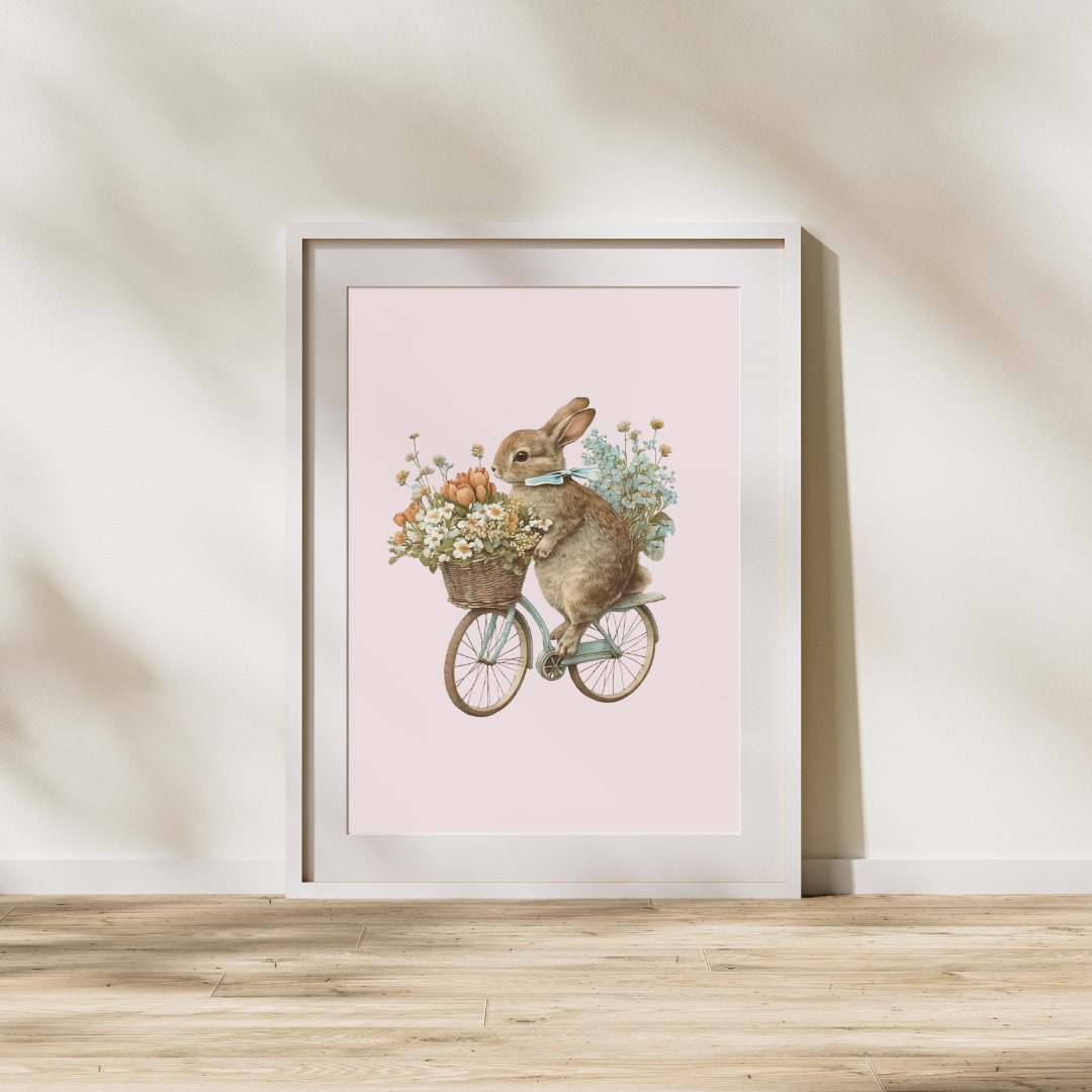 Cute Pink Bunny on a Bike Printable, Softness Art, Cottagecore Nursery ...