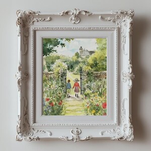 May include: A watercolor painting of two children walking through a garden gate. The children are wearing red and blue clothing and are walking towards a building in the distance. The garden is filled with flowers and greenery.