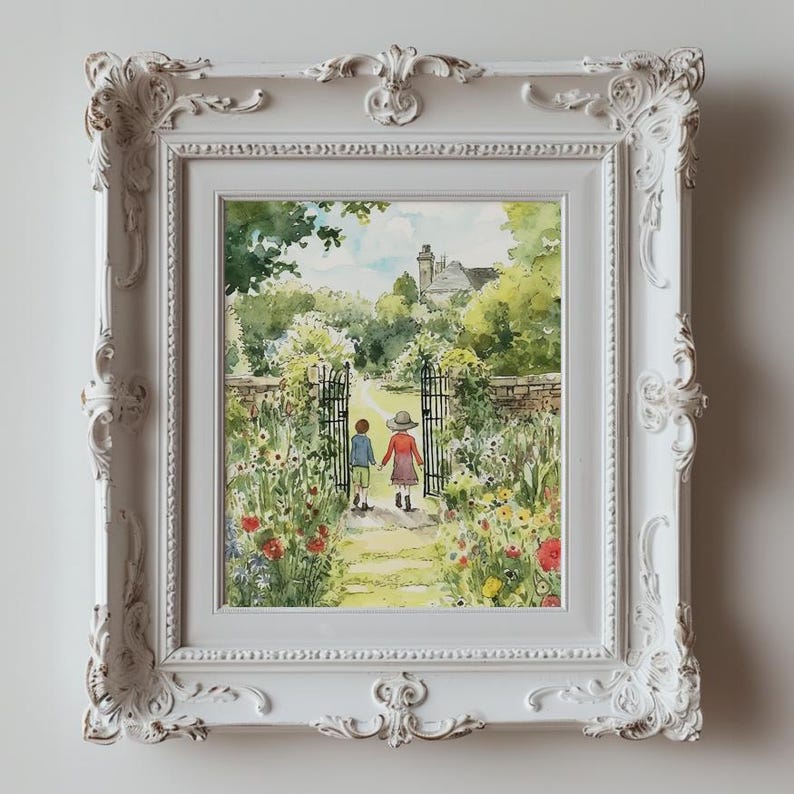May include: A watercolor painting of two children walking through a garden gate. The children are wearing red and blue clothing and are walking towards a building in the distance. The garden is filled with flowers and greenery.