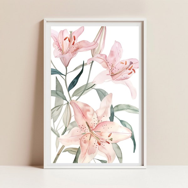 Watercolor Pink Lily Flowers Wall Art Cottage Print Cottagecore Botanical Decor Printable Countryside Floral Illustration Digital Download