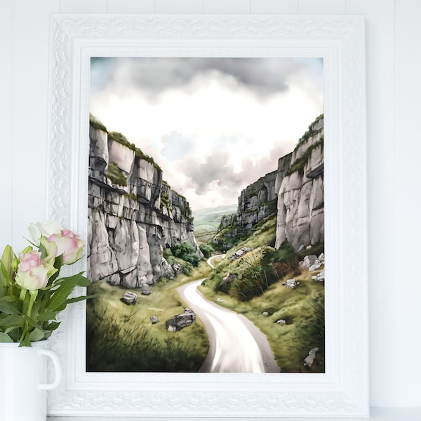 Cheddar Gorge Somerset Wall Art, British Roadway Hills Watercolor Illustration Printable, Countryside of England Digital Print