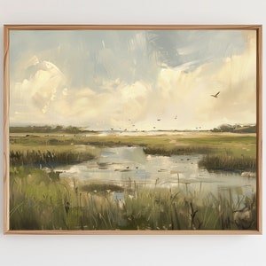 Marshland Landscape, Wetlands Oil Painting Art Print Swamp Illustration, Beautiful Marsh, Wildlife Habitat Digital Download Nature Wall Art