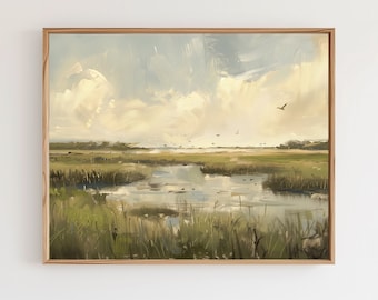 Marshland Landscape, Wetlands Oil Painting Art Print Swamp Illustration, Beautiful Marsh, Wildlife Habitat Digital Download Nature Wall Art