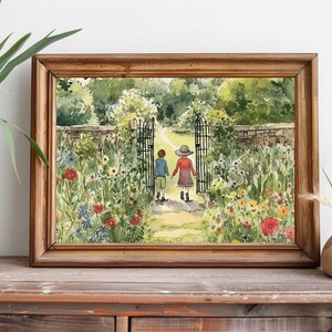 May include: Watercolor painting of two children walking through a garden gate. The children are holding hands and wearing red and blue clothing. The garden is filled with colorful flowers and greenery.