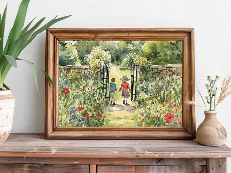 May include: Watercolor painting of two children walking through a garden gate. The children are holding hands and wearing red and blue clothing. The garden is filled with colorful flowers and greenery.