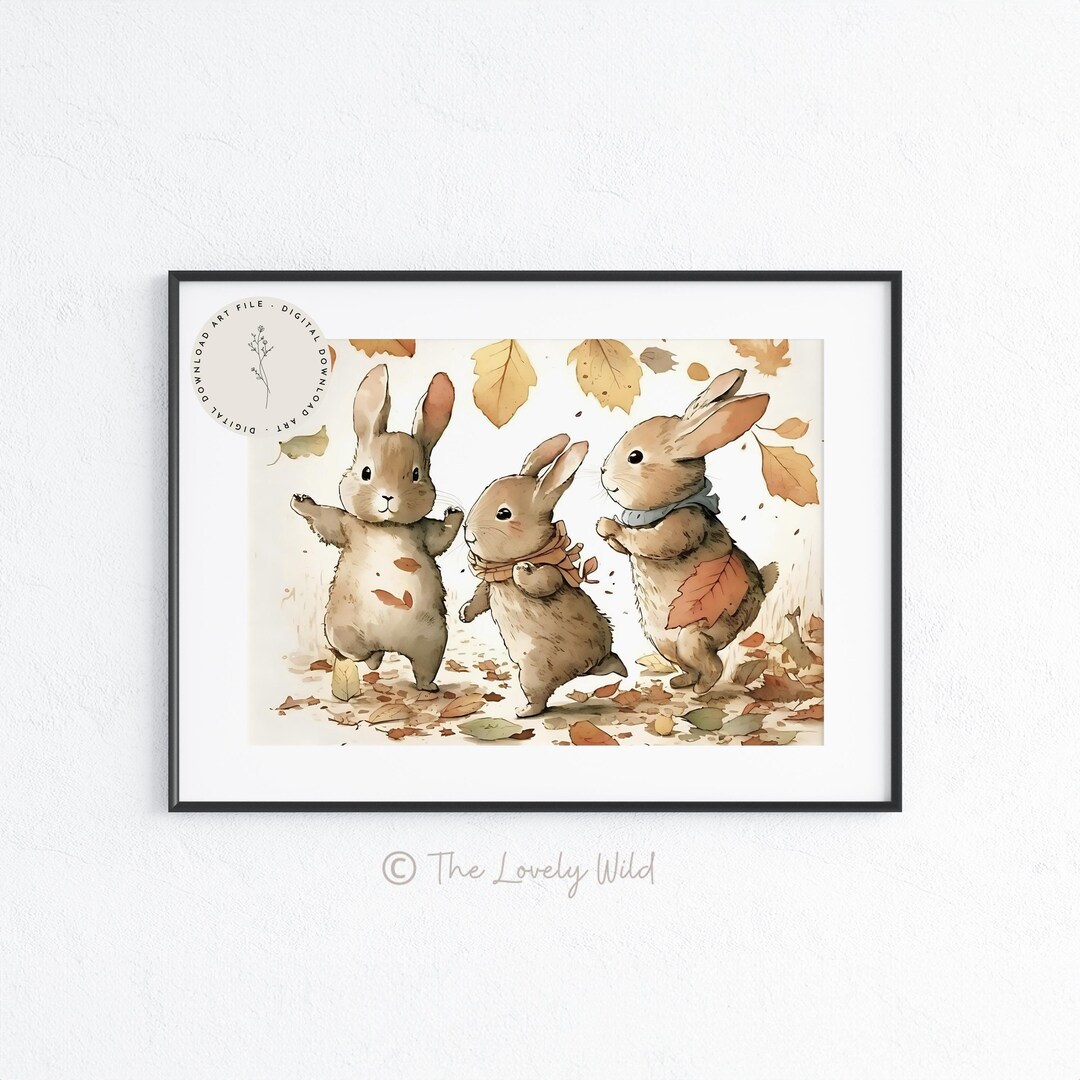 Autumnal Bunny Rabbits Fall Leaves Wall Art, Softness Nursery Art ...