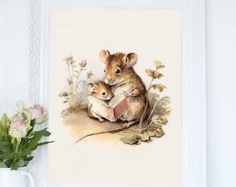 Art mural souris des champs, lecture d'art mural, décoration de chambre d'enfant Woodland, impression de chambre de bébé Cottagecore