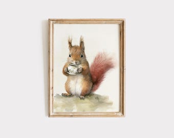 May include: A watercolor painting of a red squirrel holding a small white teacup. The squirrel is sitting on a green and brown background.