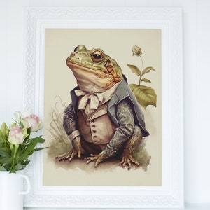 A Well Dressed Frog Illustration, Cottagecore Green Tree Frog Wall Art English Countryside Watercolor Print Decor, Instand Digital Download