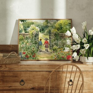 May include: A watercolor painting of two children walking through a garden gate. The children are wearing red and blue clothing and are walking hand-in-hand. The garden is filled with flowers and greenery.