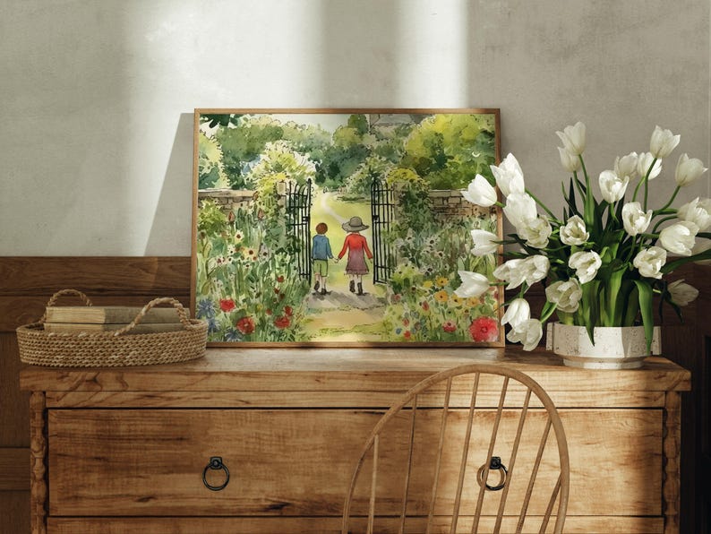 May include: A watercolor painting of two children walking through a garden gate. The children are wearing red and blue clothing and are walking hand-in-hand. The garden is filled with flowers and greenery.