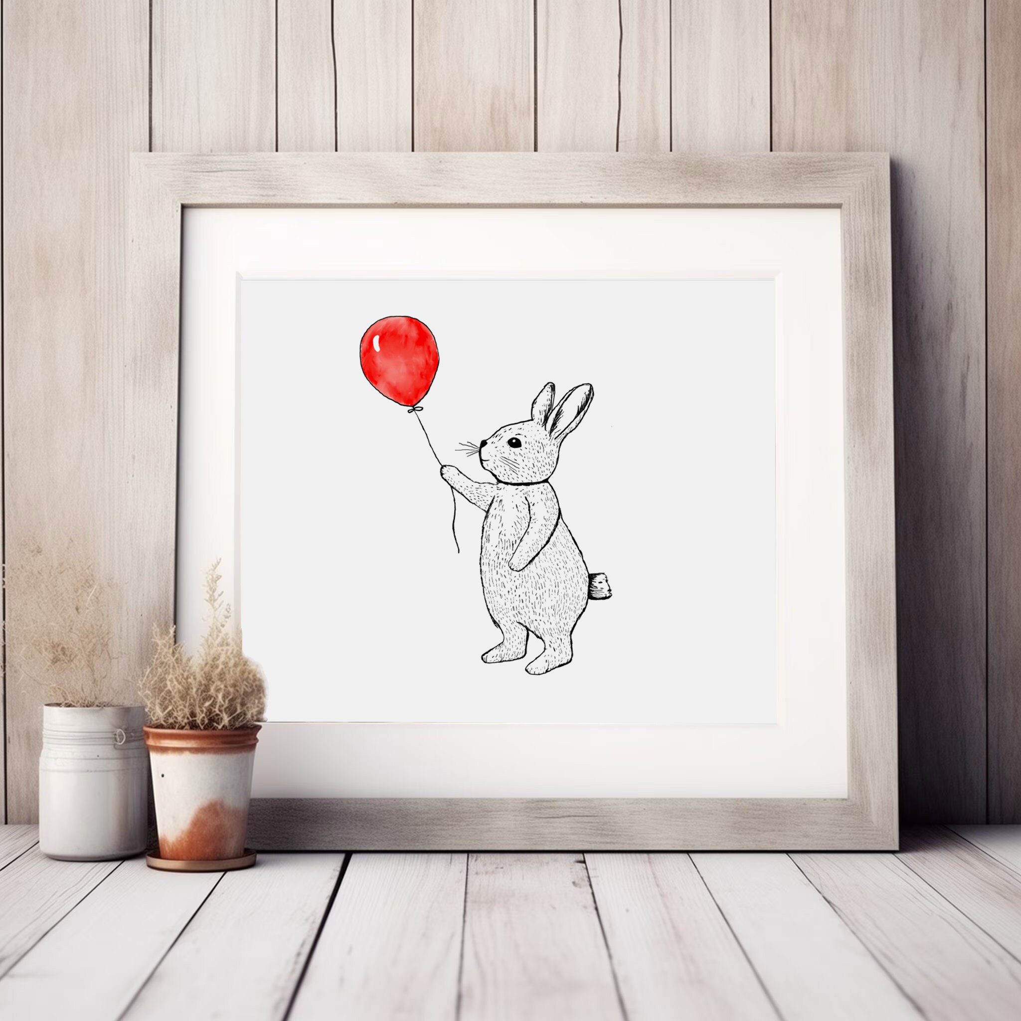 Bunny Rabbit Line Art Red Balloon Wall Art, Black Ink Illustration ...