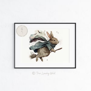 Bunny Rabbit Witch on a Broomstick Wall Art Whimsical Halloween Spooky Cottagecore Printable Decor British Wildlife Instant Digital Download